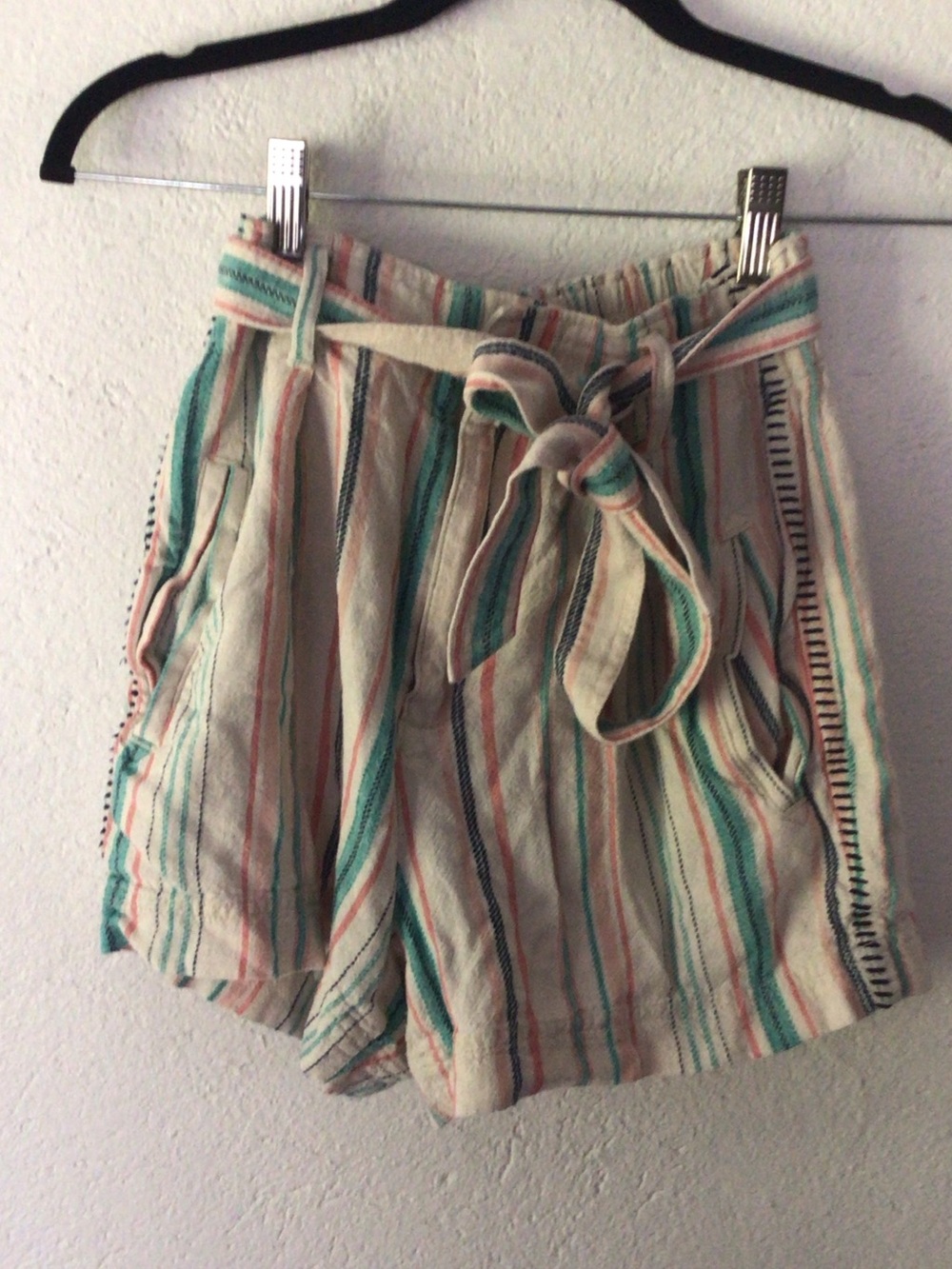 Splendid Cream Striped High-Waist Shorts with Teal & Peach Accents